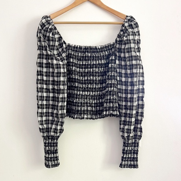 H&M Smocked Blouse Gingham Long Sleeve Crop Top - Picture 7 of 15